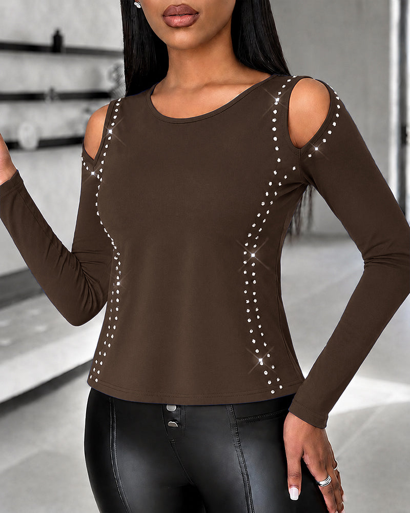 Women's Long Sleeve Top Sparkly Rhinestone Cutout Tee Slim Fit Round Neck T-Shirt