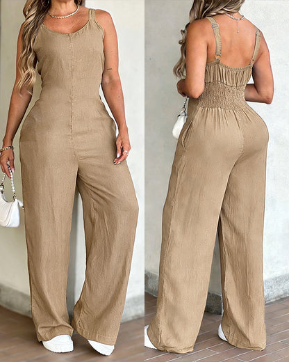 V-Neck Adjustable Thick Straps Denim Overalls Casual Shirred Back Wide Leg Suspender Jumpsuit