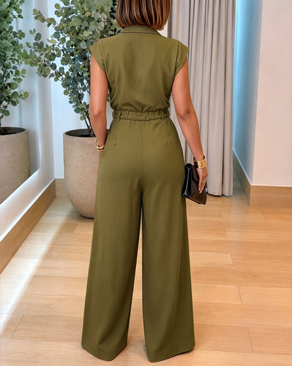 Mono elegante para mujer con solapas, escote en V, mangas cortas, cintura alta y perneras anchas