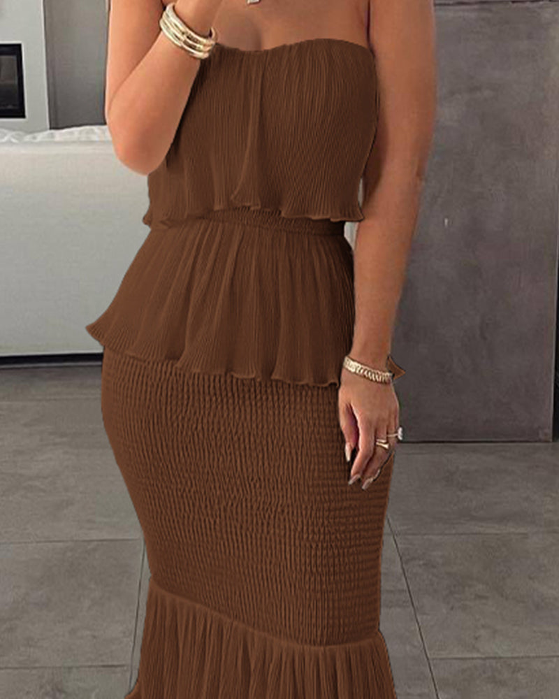Layered Ruffle Shirred Slim Fit Strapless Dress Textured Maxi Party Dress
