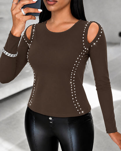 Women's Long Sleeve Top Sparkly Rhinestone Cutout Tee Slim Fit Round Neck T-Shirt