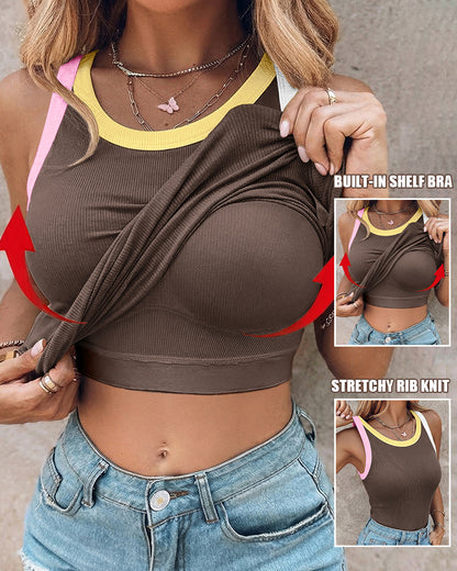 Women's Contrast Binding Tank Top Ribbed Knit Sleeveless Scoop Neck Slim Fit Camisole Top with Built-in Bra