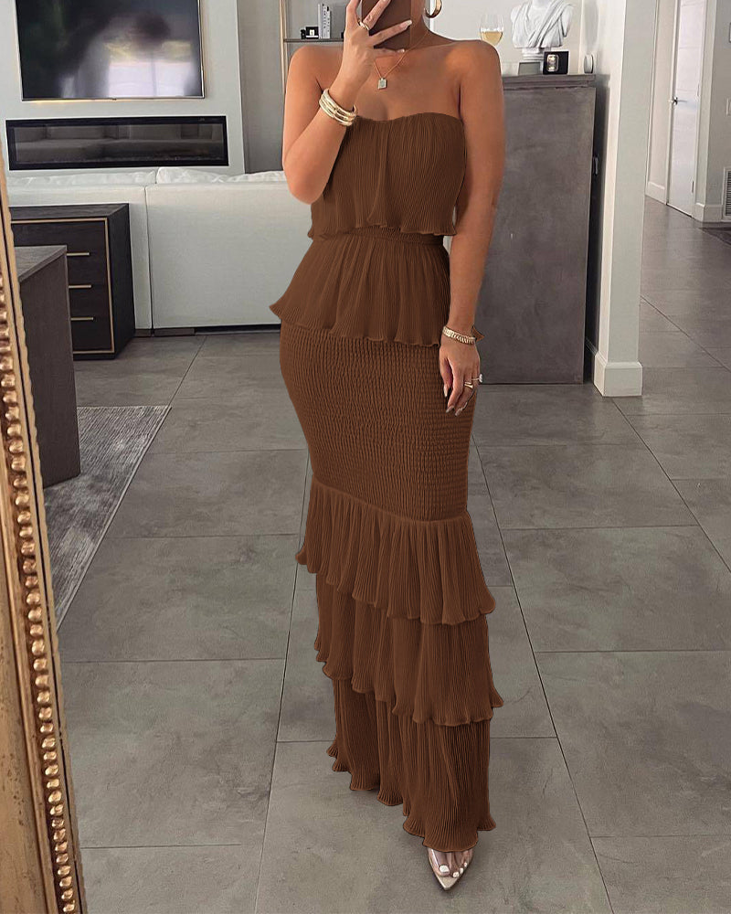 Layered Ruffle Shirred Slim Fit Strapless Dress Textured Maxi Party Dress
