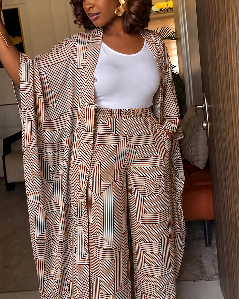 Women's Geometric Print 2 Piece Outfits Batwing Sleeve Loose Longline Coat and High Waisted Wide Leg Pants Set