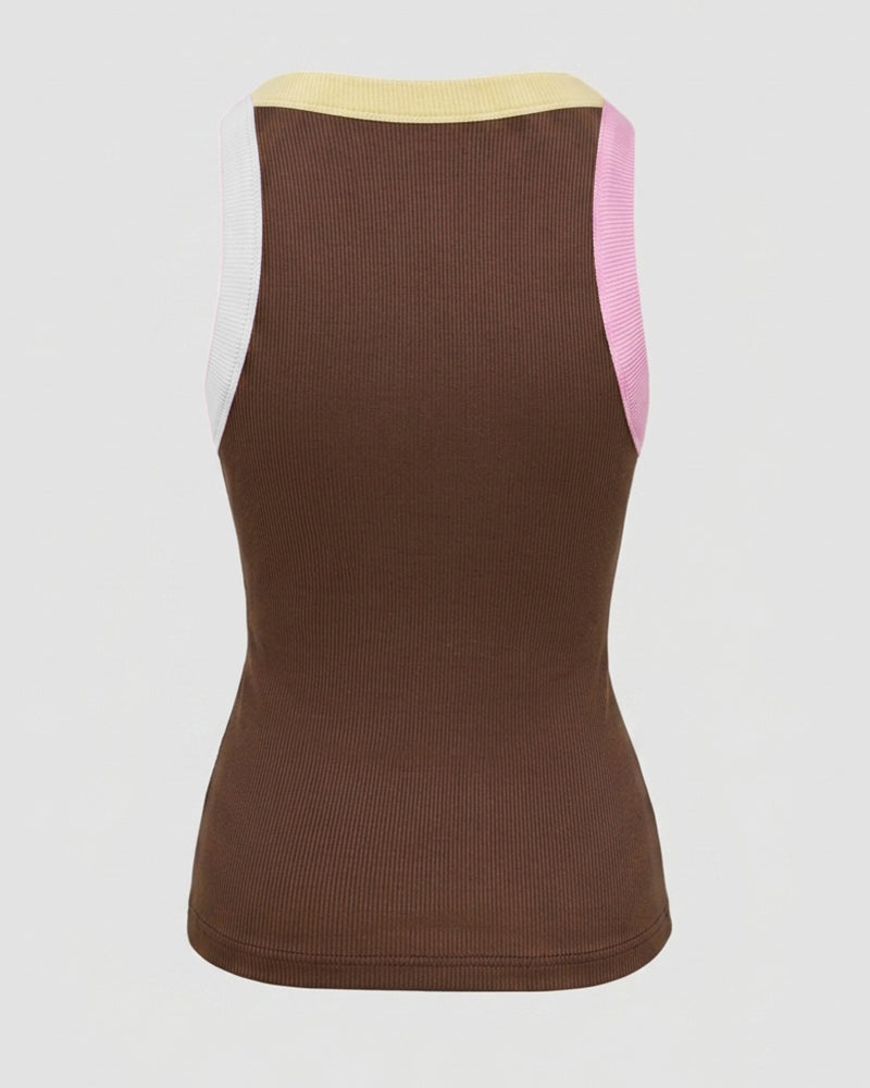 Women's Contrast Binding Tank Top Ribbed Knit Sleeveless Scoop Neck Slim Fit Camisole Top with Built-in Bra