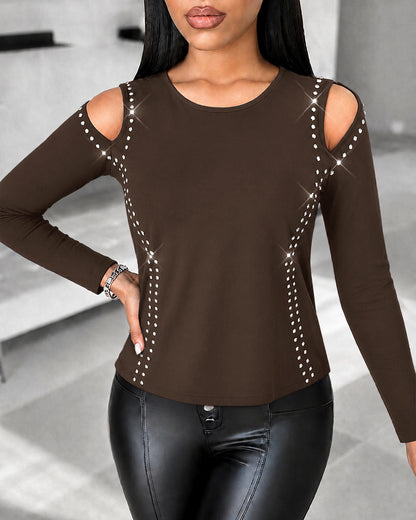 Women's Long Sleeve Top Sparkly Rhinestone Cutout Tee Slim Fit Round Neck T-Shirt