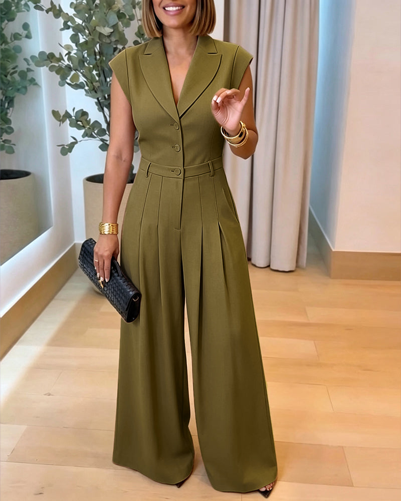 Mono elegante para mujer con solapas, escote en V, mangas cortas, cintura alta y perneras anchas