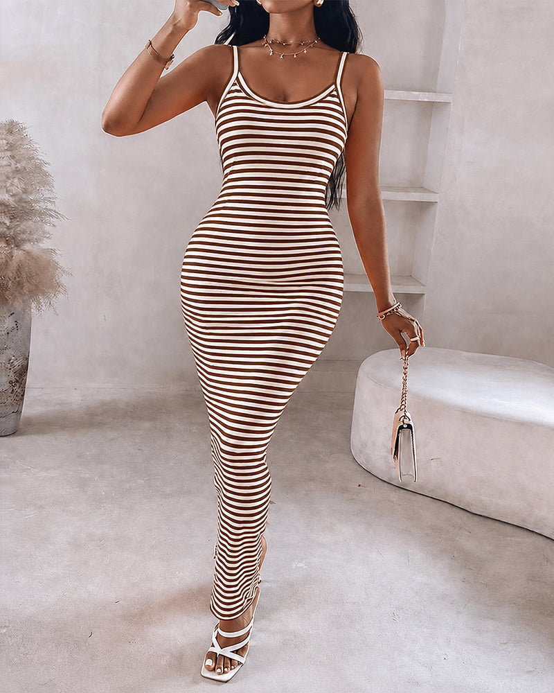 Women's Striped Ribbed Knit Maxi Dress Slim Fit Sleeveless Cami Dress Beach Vacation Sundress