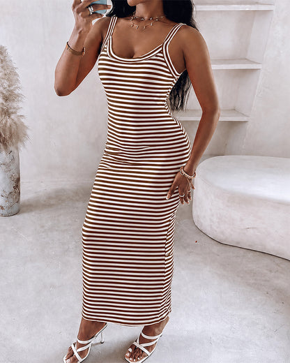 Women's Striped Ribbed Knit Maxi Dress Slim Fit Sleeveless Cami Dress Beach Vacation Sundress