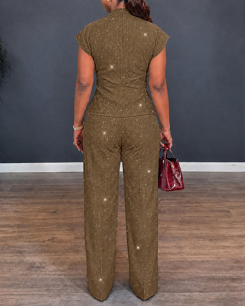 Conjunto de 2 piezas con textura brillante para mujer, top con escote en V, manga corta retorcida y abertura, con pantalones rectos de cintura alta