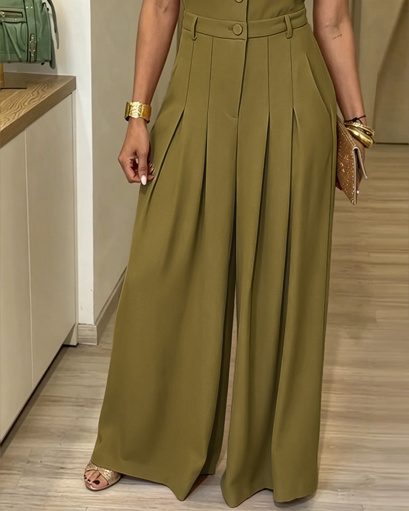 Mono elegante para mujer con solapas, escote en V, mangas cortas, cintura alta y perneras anchas