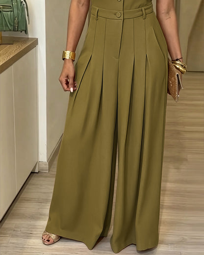 Mono elegante para mujer con solapas, escote en V, mangas cortas, cintura alta y perneras anchas
