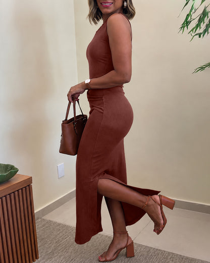 Vestido largo ajustado de punto acanalado sin mangas para mujer, con hebilla dorada, cintura alta fruncida y abertura lateral