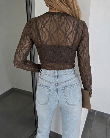 Women's Jacquard Textured Sheer Lace Long Sleeve Top Crewneck Slim Fit Tee with Thumb Holes