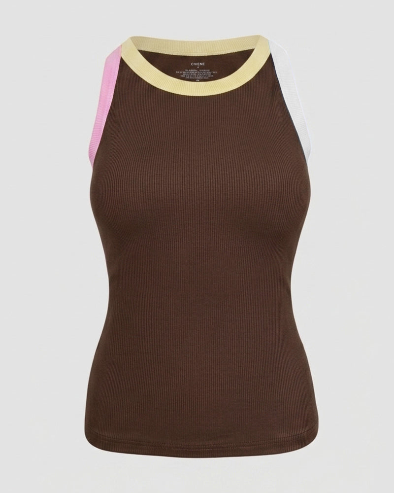 Women's Contrast Binding Tank Top Ribbed Knit Sleeveless Scoop Neck Slim Fit Camisole Top with Built-in Bra