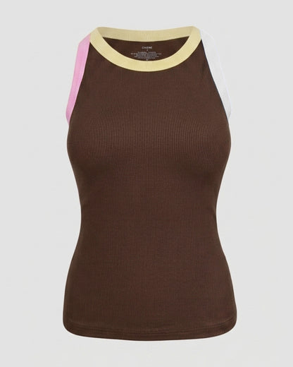 Women's Contrast Binding Tank Top Ribbed Knit Sleeveless Scoop Neck Slim Fit Camisole Top with Built-in Bra