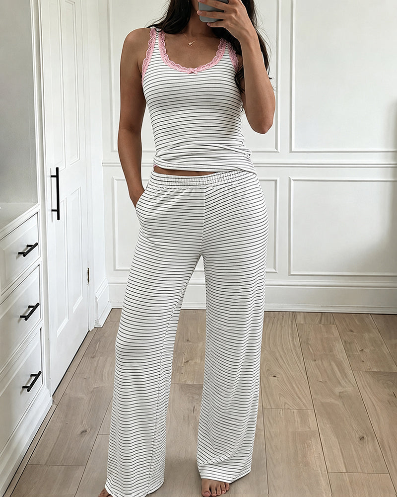 Women's 2 Piece Lace Trim Stripe Lounge Set Sleeveless Tank Top and Wide Leg Pants Set Rib Knit Pajamas Set with Pockets