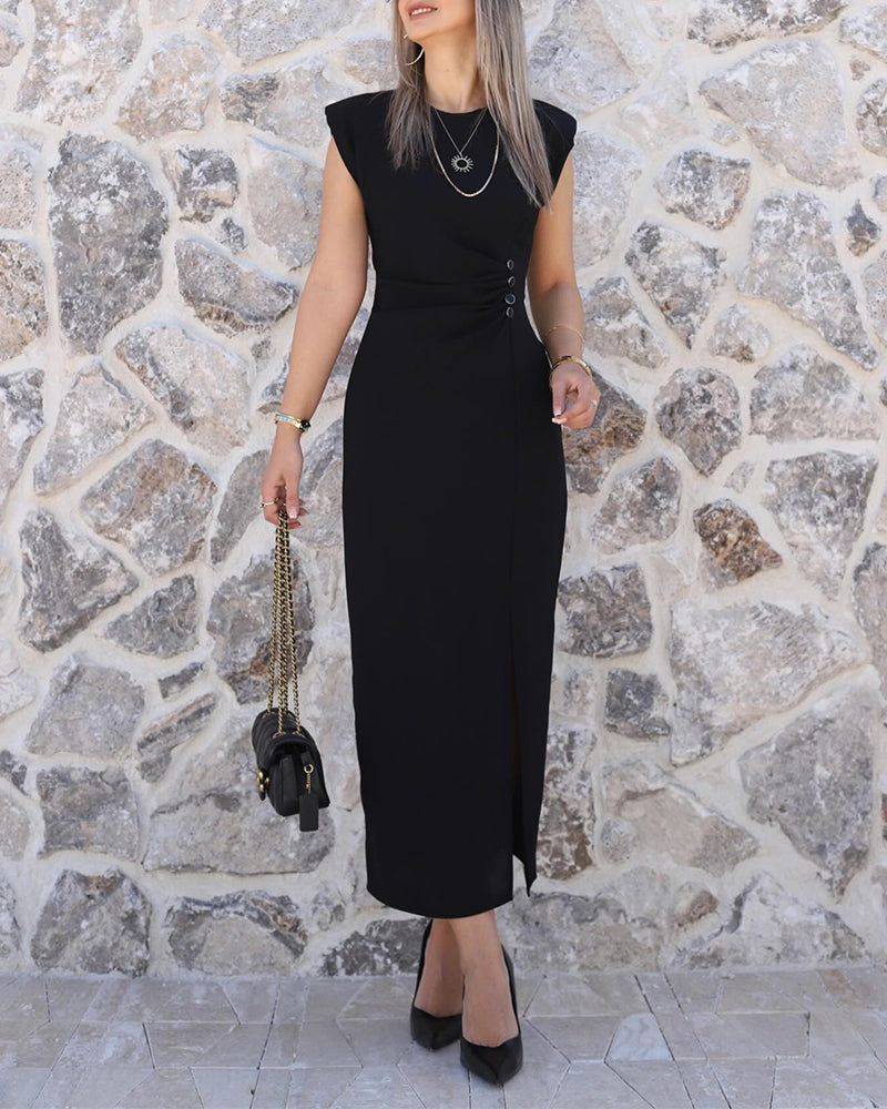 Women's Sleeveless Side Slit Mid-length Dress Shoulder Pads Ruched Button Waist Pencil Dress Elegant Business Gown