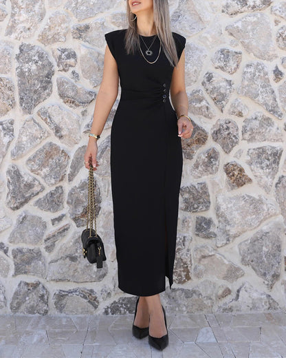 Women's Sleeveless Side Slit Mid-length Dress Shoulder Pads Ruched Button Waist Pencil Dress Elegant Business Gown