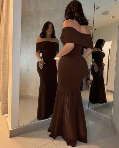 Foldover Off Shoulder Ruched Cinched Waist Minimalist Evening Dress Slim Fit Mermaid Hem Party Dress