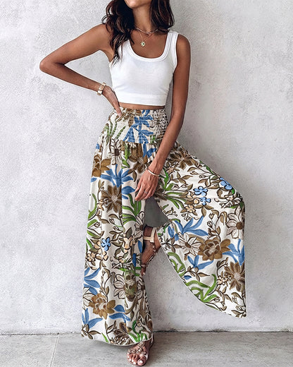 Vintage Floral Print High Waist Shirred Elastic Waist Wide Leg Pants