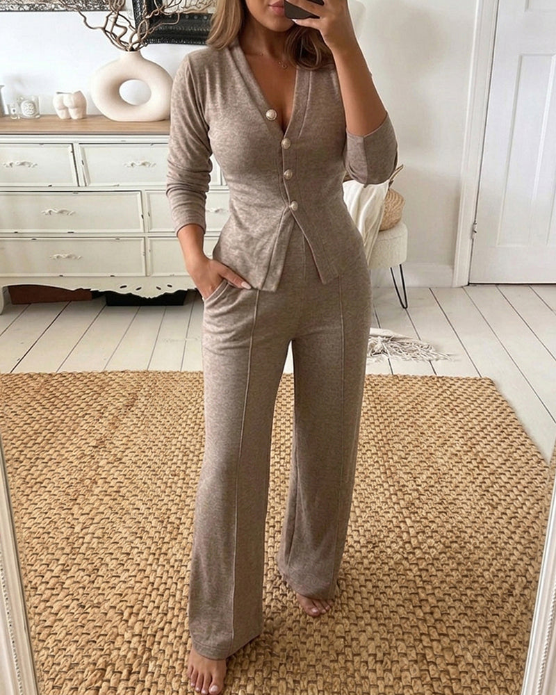 Women's 2 Piece Knit Set V-Neck Button Down Cardigan and High Waisted Wide Leg Pants Casual Loungewear