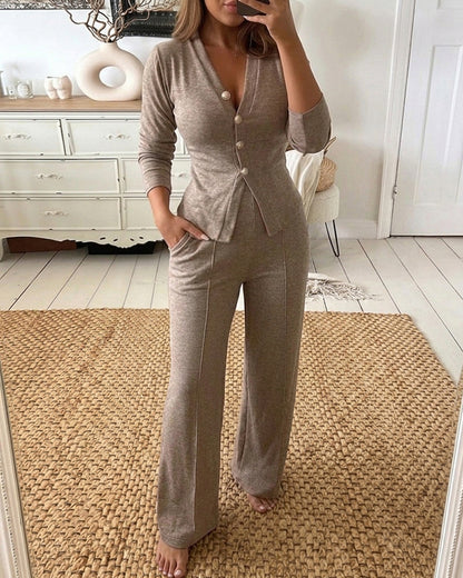 Women's 2 Piece Knit Set V-Neck Button Down Cardigan and High Waisted Wide Leg Pants Casual Loungewear