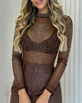 Women's Rhinestone Mock Neck Mesh Top Sexy Sheer Long Sleeve See Through Tee Sparkly Party Nightclub Top