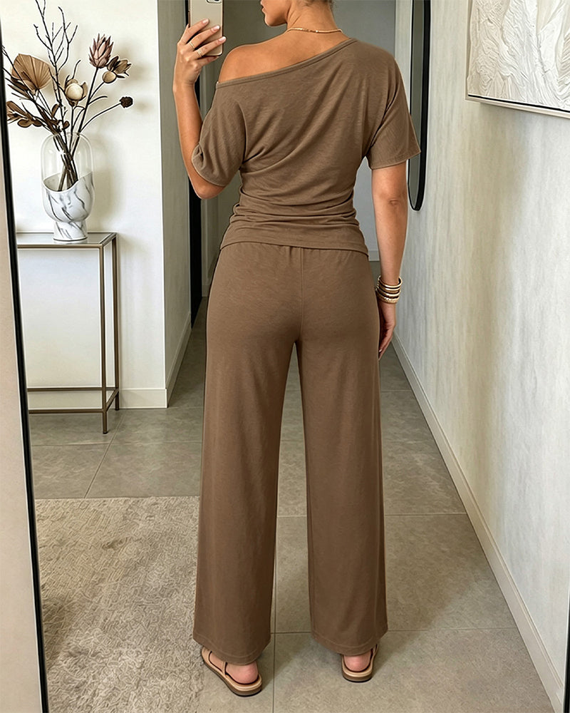 Women's Skew Neck 2 Piece Outfits Ruched Tie Waist Short Sleeve Top and High Waisted Wide Leg Pants Lounge Set