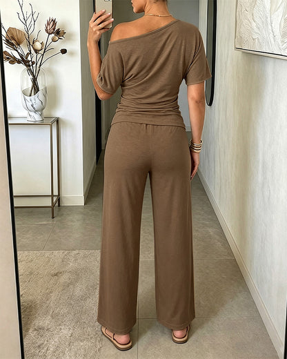Women's Skew Neck 2 Piece Outfits Ruched Tie Waist Short Sleeve Top and High Waisted Wide Leg Pants Lounge Set