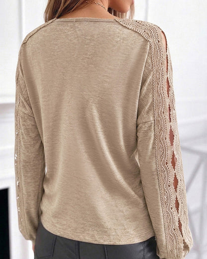 Women's Lace Patchwork V-Neck Top Hollow Out Drop Shoulder Long Sleeve Knit Pullover Elegant Loose Fit Casual Tee
