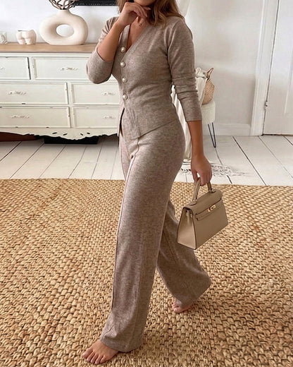 Women's 2 Piece Knit Set V-Neck Button Down Cardigan and High Waisted Wide Leg Pants Casual Loungewear