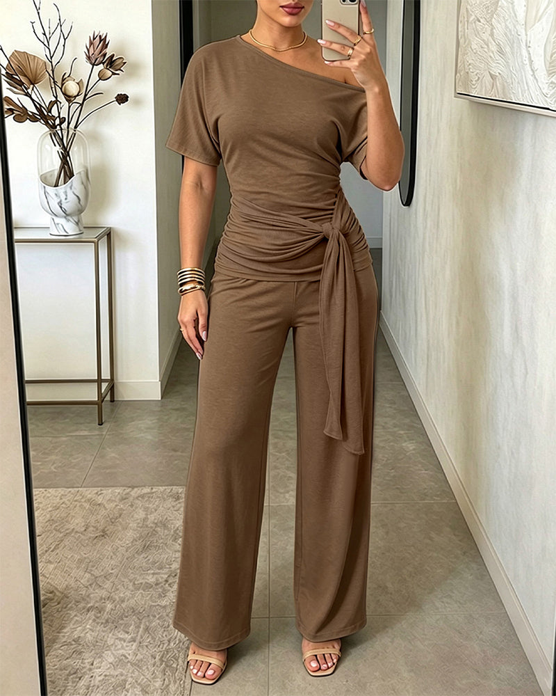 Women's Skew Neck 2 Piece Outfits Ruched Tie Waist Short Sleeve Top and High Waisted Wide Leg Pants Lounge Set