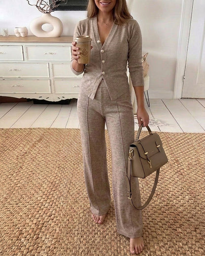 Women's 2 Piece Knit Set V-Neck Button Down Cardigan and High Waisted Wide Leg Pants Casual Loungewear