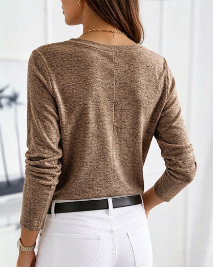 Women's V-Neck Button Decor Knit Top Long Sleeve Slimming Tee with Chest Pocket Casual Soft Pullover