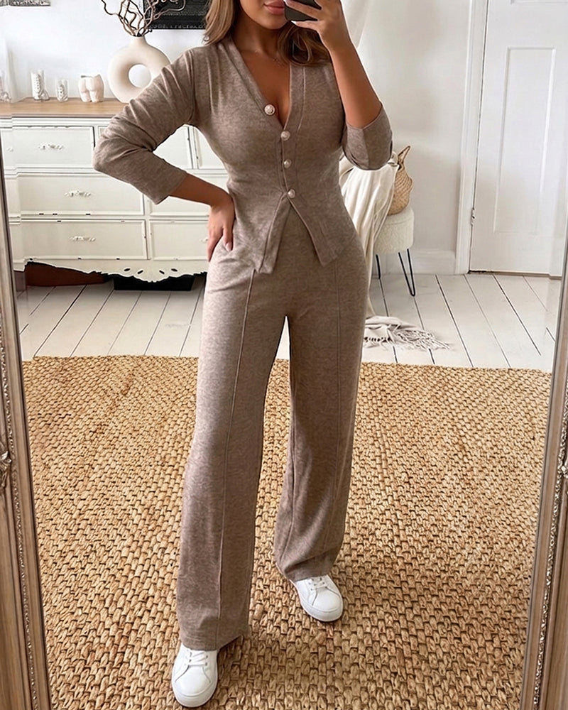 Women's 2 Piece Knit Set V-Neck Button Down Cardigan and High Waisted Wide Leg Pants Casual Loungewear