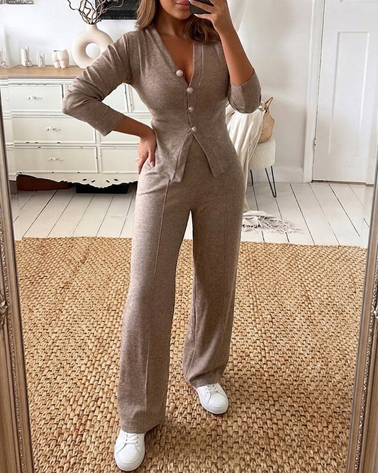 Women's 2 Piece Knit Set V-Neck Button Down Cardigan and High Waisted Wide Leg Pants Casual Loungewear