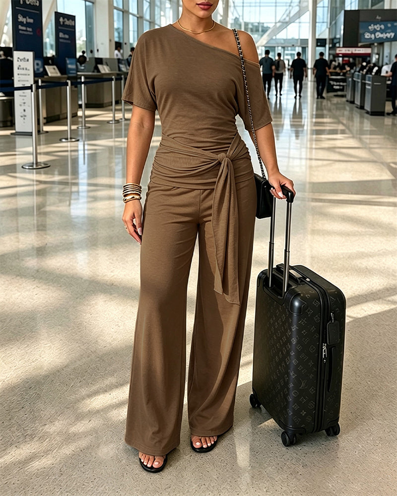 Women's Skew Neck 2 Piece Outfits Ruched Tie Waist Short Sleeve Top and High Waisted Wide Leg Pants Lounge Set