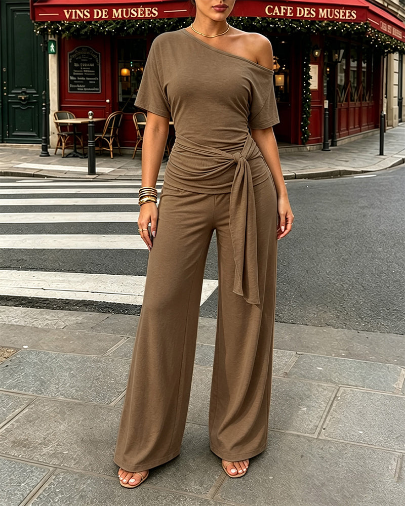 Women's Skew Neck 2 Piece Outfits Ruched Tie Waist Short Sleeve Top and High Waisted Wide Leg Pants Lounge Set