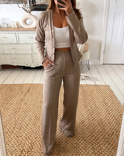 Women's 2 Piece Knit Set V-Neck Button Down Cardigan and High Waisted Wide Leg Pants Casual Loungewear