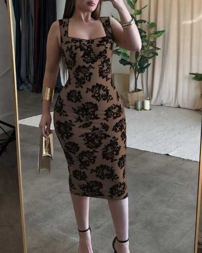 Women's Vintage Flocking Rose Midi Dress Square Neck Sleeveless Bodycon Dress Elegant Club Party Gown