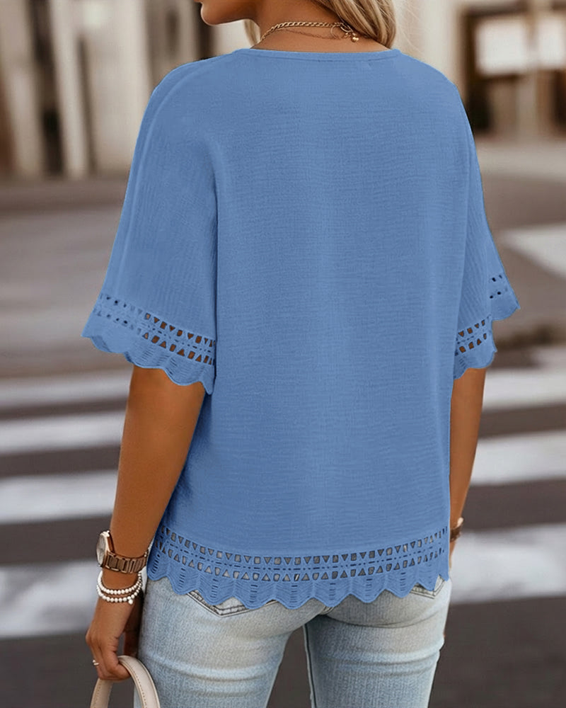 Short Sleeve Hollow-out Pattern Spliced Scallop Hem Versatile Tee Casual Minimalist Loose Fit Top