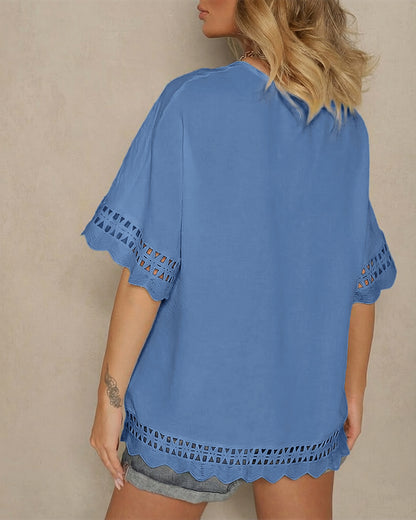Short Sleeve Hollow-out Pattern Spliced Scallop Hem Versatile Tee Casual Minimalist Loose Fit Top