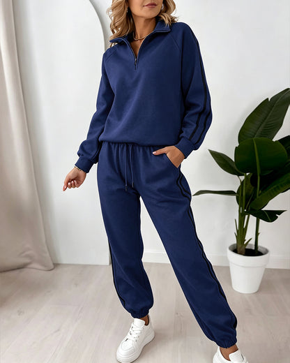 Women's Contrast Side Stripe Two Piece Sweatsuit Half Zip Sweatshirt and High Waisted Joggers Set Casual Tracksuit