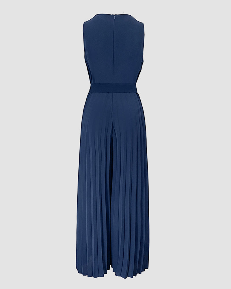 Colorblock Sleeveless Criss Cross Plunge V Neck Jumpsuit Casual Waist Tied Detail Pleated Romper