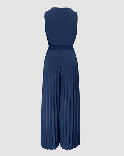 Colorblock Sleeveless Criss Cross Plunge V Neck Jumpsuit Casual Waist Tied Detail Pleated Romper