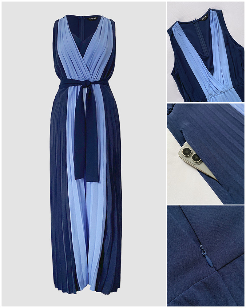 Colorblock Sleeveless Criss Cross Plunge V Neck Jumpsuit Casual Waist Tied Detail Pleated Romper