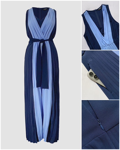 Colorblock Sleeveless Criss Cross Plunge V Neck Jumpsuit Casual Waist Tied Detail Pleated Romper