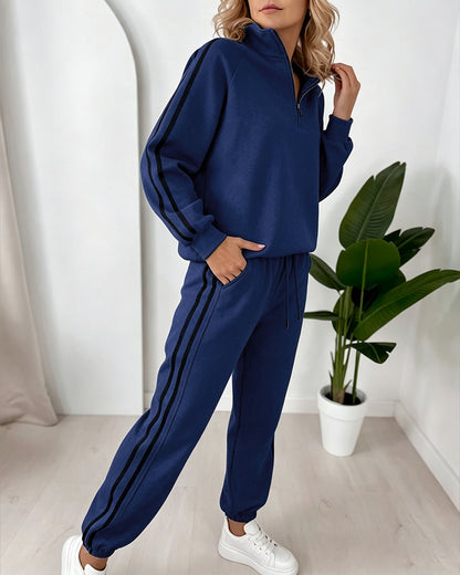 Women's Contrast Side Stripe Two Piece Sweatsuit Half Zip Sweatshirt and High Waisted Joggers Set Casual Tracksuit