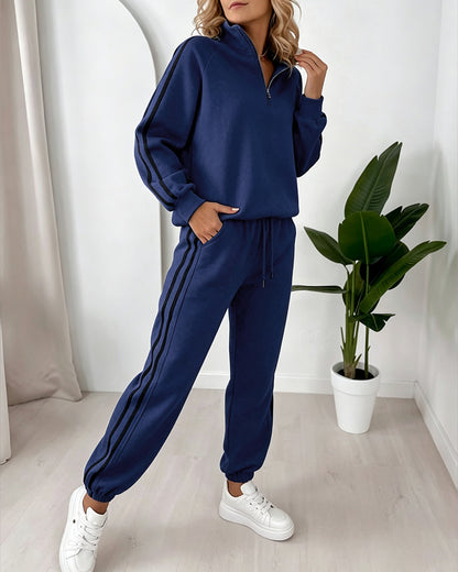 Women's Contrast Side Stripe Two Piece Sweatsuit Half Zip Sweatshirt and High Waisted Joggers Set Casual Tracksuit